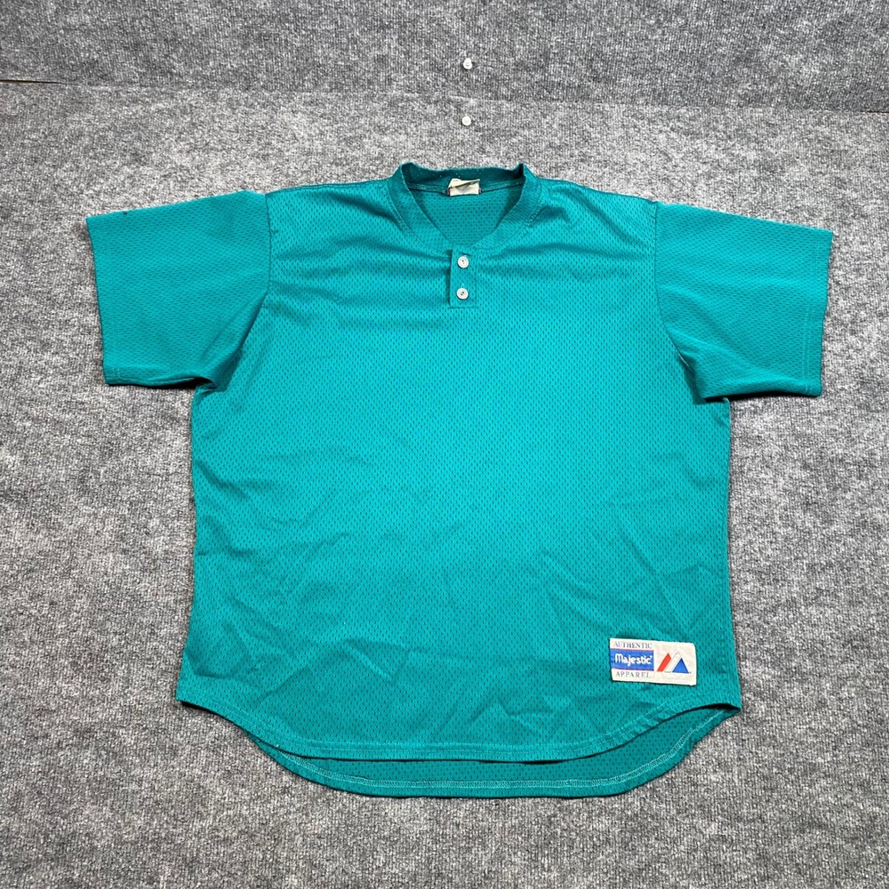 Majestic Vintage Teal Mesh Baseball Jersey Mens XL Made in USA Henley Shirt